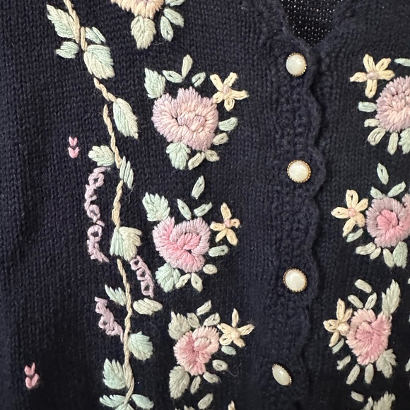Vintage Navy Embroidered Floral Cardigan Sweater - Picture 3 of 6